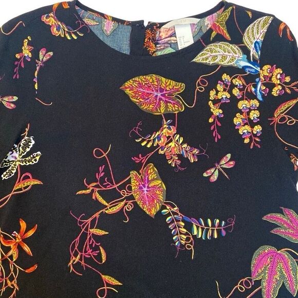 H&M Black with Colorful Floral Print Dress with Ruffle Sleeves Women Size 6 - Picture 5 of 12